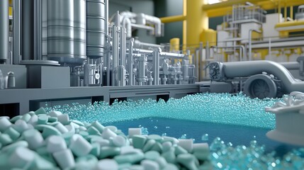 Futuristic Factory with Blue Crystal Pool