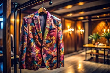 Fototapeta premium Elegant Smokers Jacket Displayed on a Hanger in a Stylish Indoor Environment with Soft Lighting