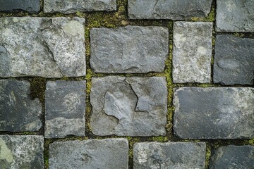 Fototapeta premium texture of gray pavers, a flat surface with small cracks and moss growing
