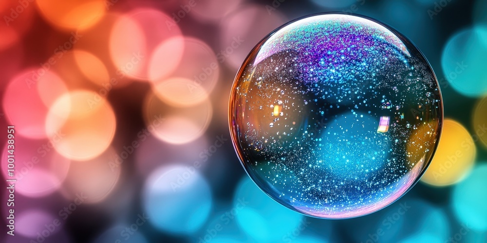 Poster a shimmering orb of iridescent blue and purple, suspended against a backdrop of warm and cool bokeh,