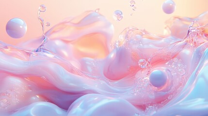 An ethereal 3D rendering of shampoo cream in motion, with smooth textures blending with glowing orbs and silky pastel hues