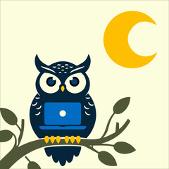 an owl sits on a branch with a laptop