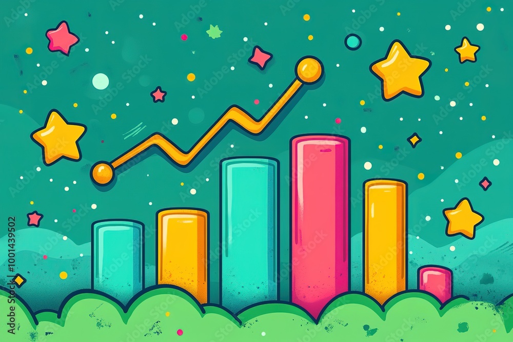 Poster a colorful graph with a line going up and down and stars in the background