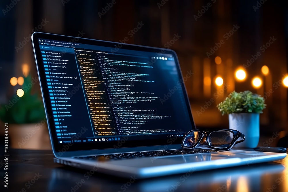 Poster Cybersecurity software update, as developers write code to enhance encryption protocols, displayed on a laptop screen