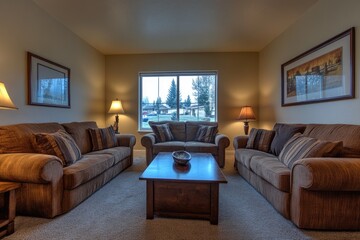 A living room with two sofas, a coffee table, and a window. This photo depicts a cozy living space, perfect for illustrating home design, relaxation, or family gatherings.