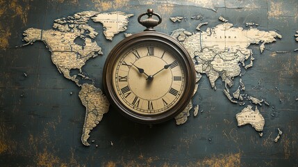 A clock with multiple time zones on a world map, illustrating global time differences and coordination.
