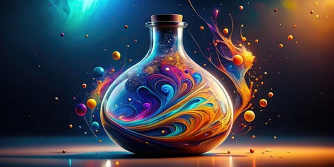 Illustrated flask with colorful swirling liquid and bubbles, standing out against a vibrant deep blue background, evoking a sense of scientific curiosity and wonder.
