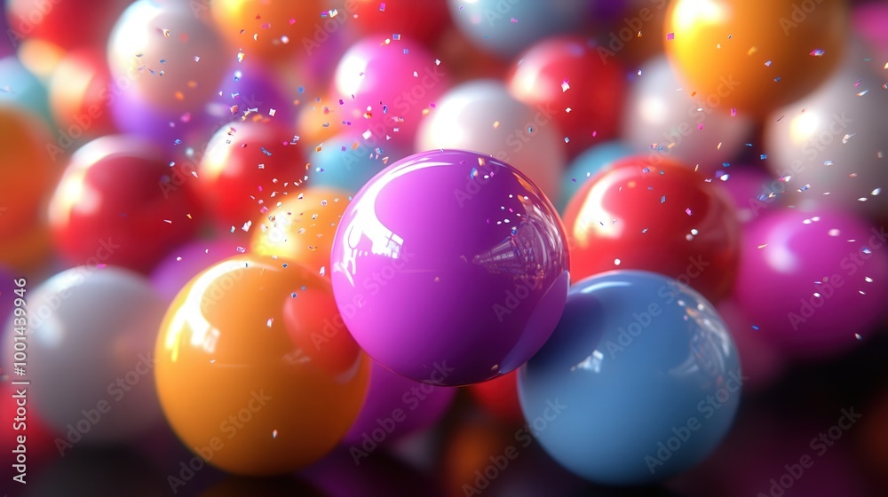 Poster A vibrant collection of glossy spheres adorned with shimmering confetti, creating a whimsical and festive atmosphere.