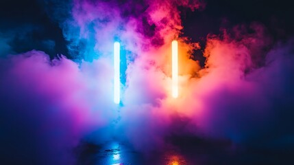 At night, a vivid light show with colorful smoke effects takes place in a dark atmosphere, generative ai