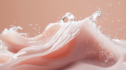 A captivating 3D visualization of body cream spreading in artistic waves, with sparkling highlights and delicate floating elements