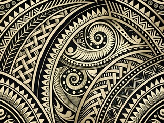 Intricate, curved Polynesian-inspired motifs in bold black and white hues, featuring geometric patterns, Maori-style spirals, and ornate shapes, perfect for tropical and cultural designs.
