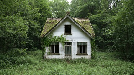 An abandoned cottage in the middle of a dense forest, with its roof covered in moss and ivy climbing the walls   forest cottage, overgrown abandonment