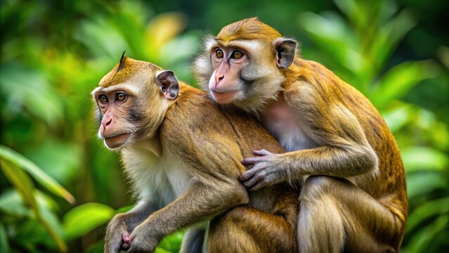 Intimate moment between two adult monkeys, one mounted on the other's back, displaying natural mating behavior in a lush, vibrant jungle environment.