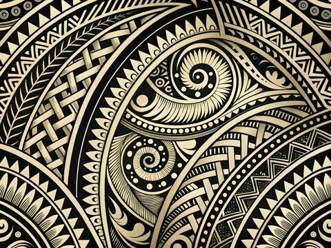 Intricate, curved Polynesian-inspired motifs in bold black and white hues, featuring geometric patterns, Maori-style spirals, and ornate shapes, perfect for tropical and cultural designs.