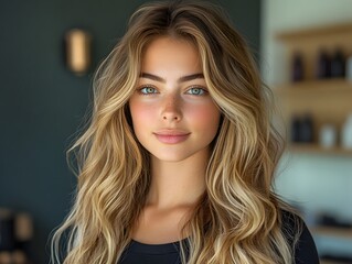 A model showing off subtle caramel balayage hair, styled in a chic hair salon with sleek, modern decor