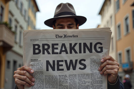 Hot off the press! A man reading headline front page breaking news on the latest happening stories in a newspaper. Concept on attention grabbing, sensational, urgent or important news or information.