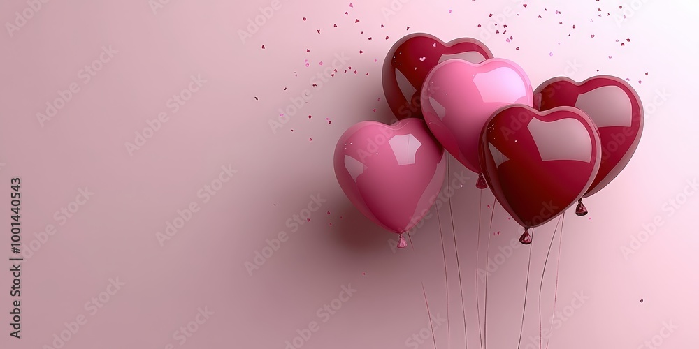 Poster a cluster of heart-shaped balloons in pink and red shades float against a soft pastel background, cr