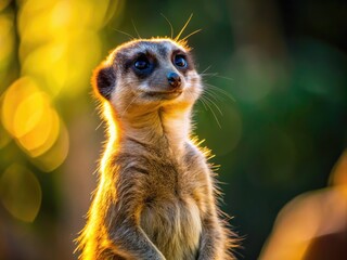 Fototapeta premium Closeup of a meerkat standing alert and turning its head, showcasing curiosity and awareness in nature