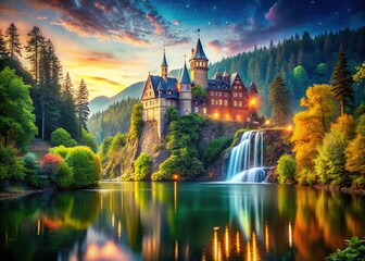 Fototapeta premium Enchanted Castle Surrounded by Lush Forest and Sparkling Waters in a Magical Fantasy Landscape
