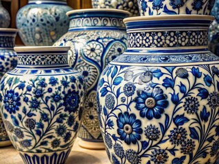 Intricate, interconnected meanders and florals in shades of blue and white adorn ancient ceramic pottery, evoking a sense of traditional Greek cultural heritage and classic elegance.