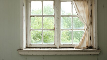 Fototapeta premium Broken windows with tattered curtains blowing in the wind, inside an old, forgotten mansion decaying mansion, forgotten beauty