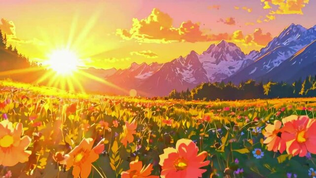 The flight early morning light, sun rising misty autumn forest. trees glow shades red, orange, yellow, distant mountains view, pink light. motion of sunlight, 4k Anime-style Landscape Animation Video