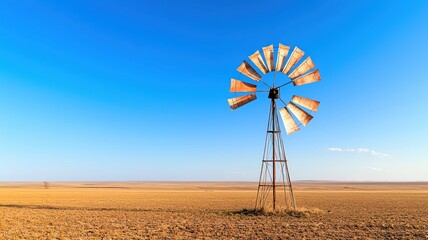 Broken-down windmill standing in a barren field, its blades rusting and creaking in the wind   abandoned windmill, rural decay
