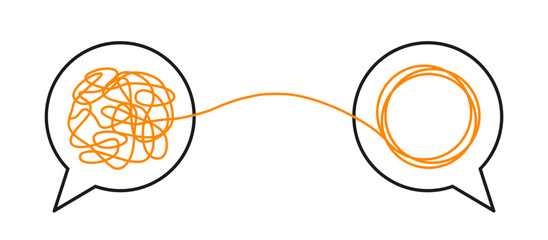Two speech bubbles conversation icons with line scribbles and equal rings, psychotherapy concept, brainstorming, therapist and patient, mental problem solving