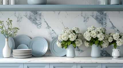modern kitchen featuring a white marble countertop, blue cabinets, light white walls. The shelves are adorned with vases of fresh flowers and cutlery, elegant, minimalistic atmosphere