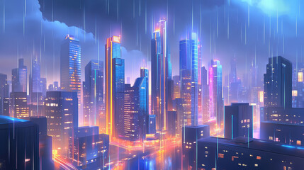 Obraz premium Futuristic Cityscape Glowing with Neon Lights Viewed from a Distance 