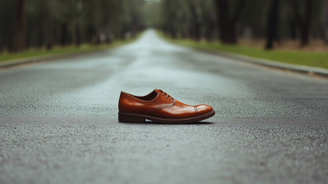 Lonely brown shoe in dramatic style on empty road representing loss or journey