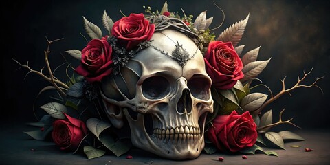Intricately detailed illustration of a human skull adorned with a thorny rose stem and petals, symbolizing beauty and mortality, set against a dark, mysterious background.