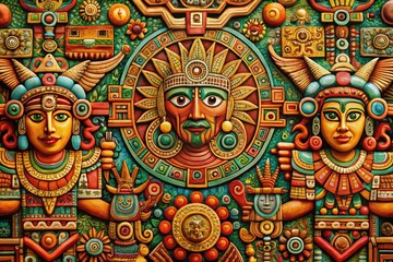 Intricately detailed illustration of ancient Mesoamerican symbols, patterns, and mythical creatures in vibrant colors, showcasing the rich cultural heritage of pre-Columbian civilizations.