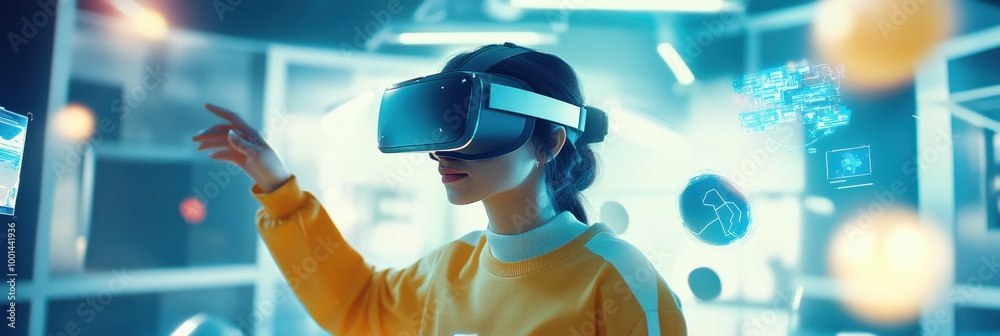 Poster a virtual reality designer engages with 3d floating objects in a modern studio while wearing a vr he