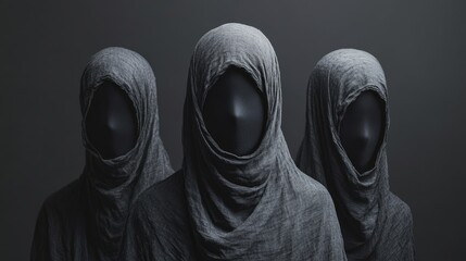 Three people wearing black hoods and scarves