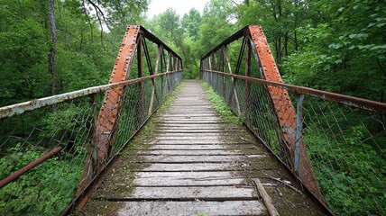 Decaying bridge leading into an overgrown forest, unused and forgotten   abandoned bridge, nature reclaiming