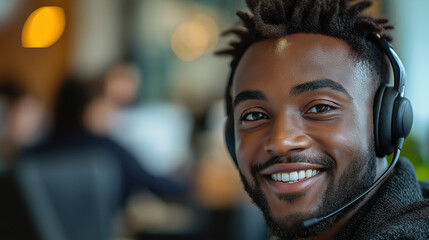 Close-Up Of A Customer Service Representative Or Call Centre Representative, Smiling While Talking On A Headset At The Office.
