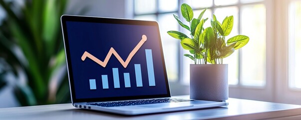 Economic rebound symbolized by a graph showing upward trends, laptop screen on a modern desk, bright office window in the background, sharp focus, warm lighting, hopeful atmosphere
