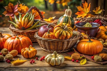 Festive Thanksgiving Table Setting with Pumpkins, Cornucopia, and Autumn Leaves in Spanish Theme