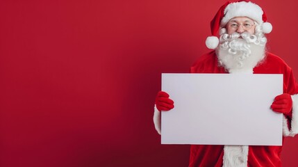 Naklejka premium A santa standing in front of a red background holding a blank sheet