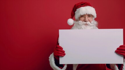 Naklejka premium A santa standing in front of a red background holding a blank sheet