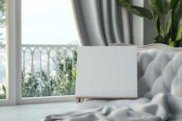 A white square is on a stand in front of a couch