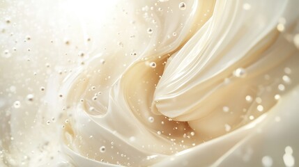 A luxurious 3D visualization of shampoo cream with silky textures, swirling into elegant shapes surrounded by floating particles and soft light