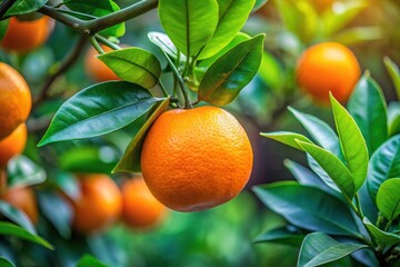 Fresh Japanese Orange on Tree Branch Surrounded by Lush Green Leaves in Natural Sunlight