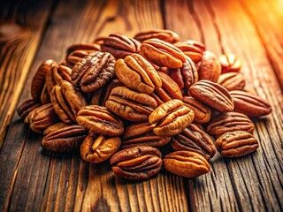 Fresh Unshelled Pecan Nuts on Wooden Background with Natural Texture and Warm Tones for Cooking