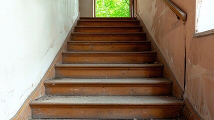 Dusty staircase in an old, forgotten house, with the banister broken and creaking under the weight of time   abandoned staircase, haunting decay