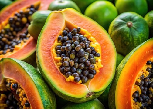 Fresh papaya fruit with vibrant orange flesh and green skin, ideal for tropical culinary themes
