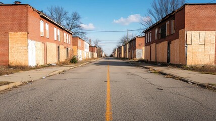 Fototapeta premium Empty city streets lined with boarded-up buildings, showing signs of urban abandonment abandoned city, urban decay