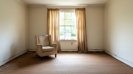 Empty living room in an abandoned house, with torn curtains and a dusty old armchair facing a broken window   abandoned living room, silent decay - Powered by Adobe