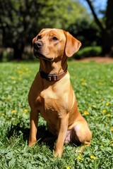 Golden Labrador retriever in a vibrant field of wildflowers